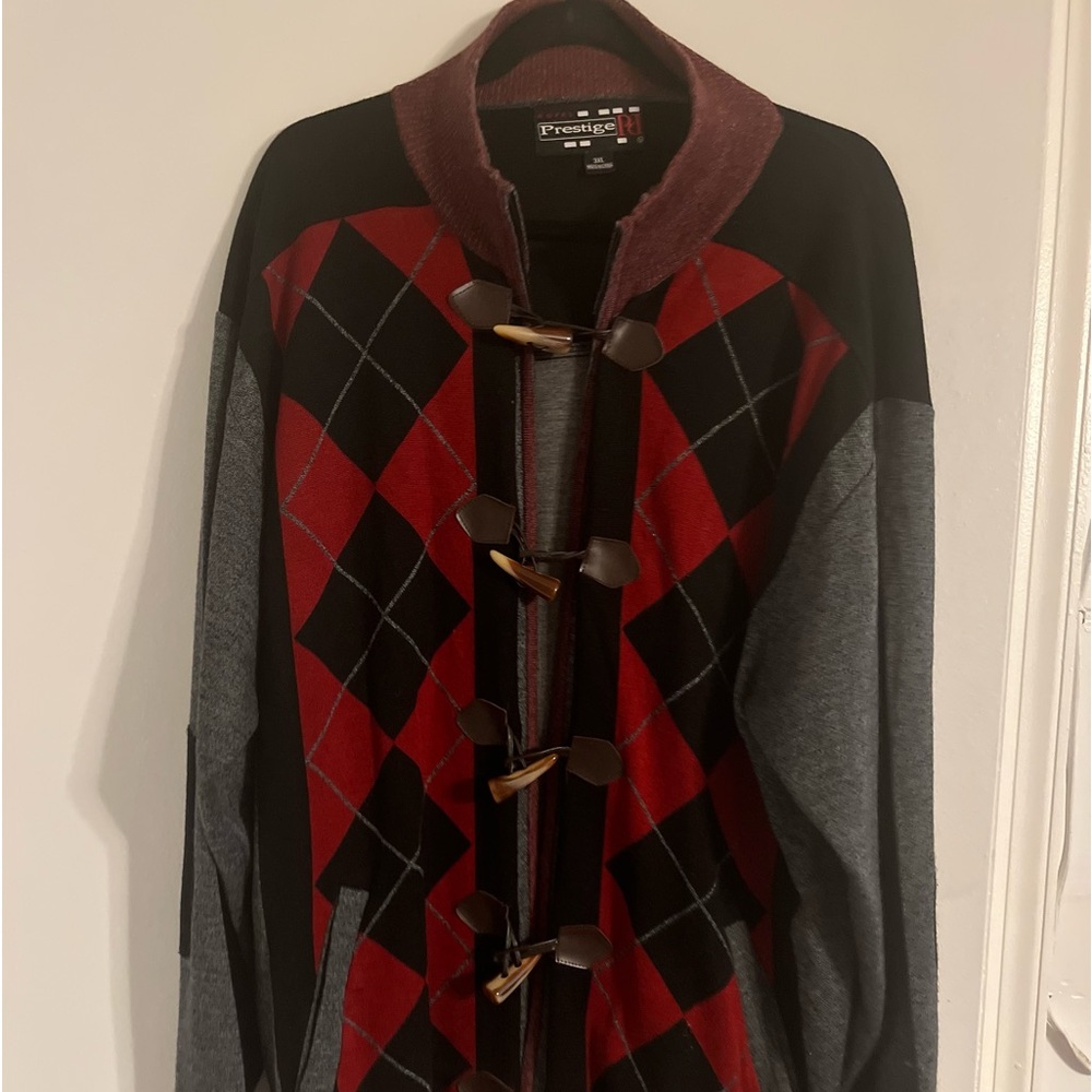 PRESTIGE Black/Red/Gray Button Up Cardigan: Size 3XL